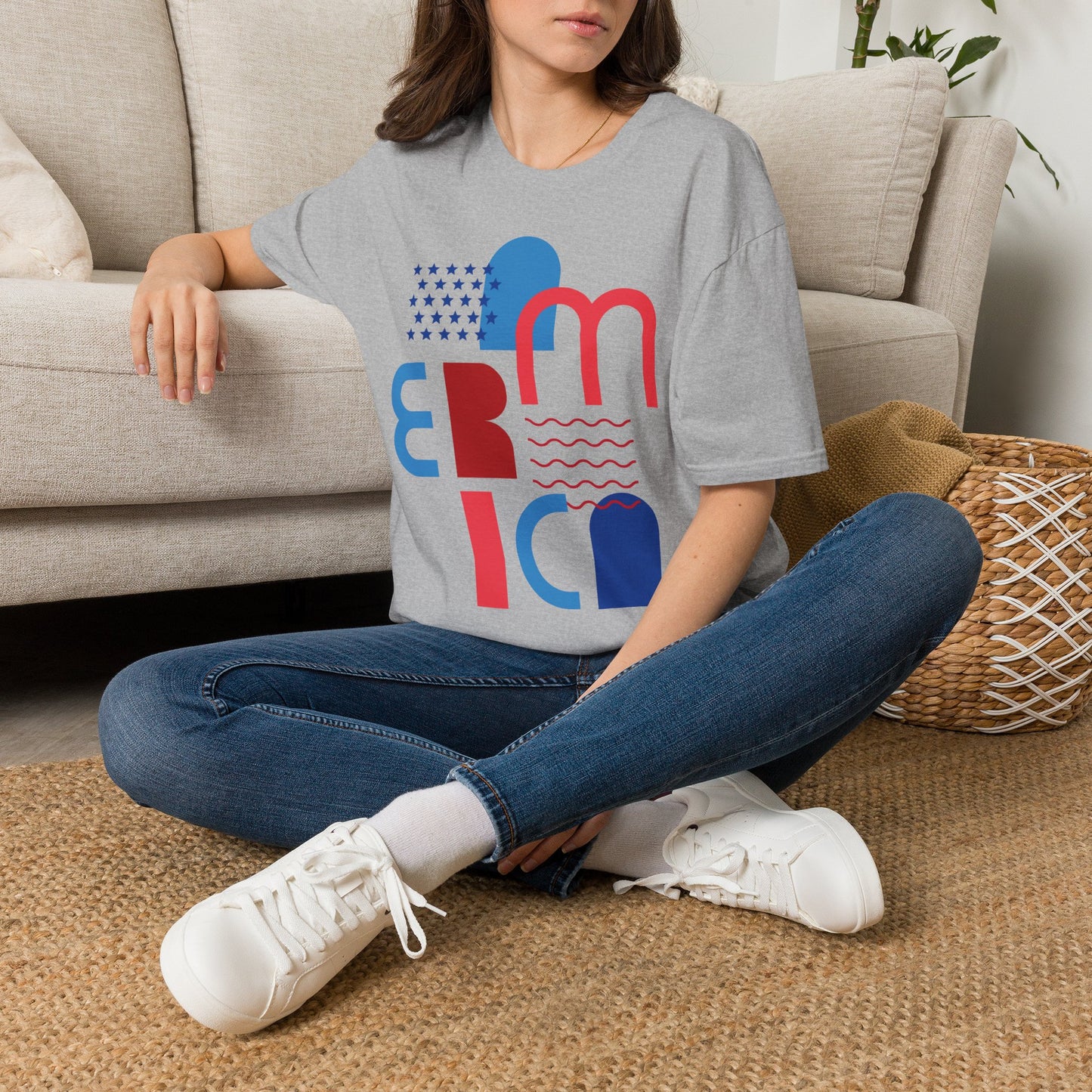 America typographic graphic T-Shirt | Red Blue USA stars waves