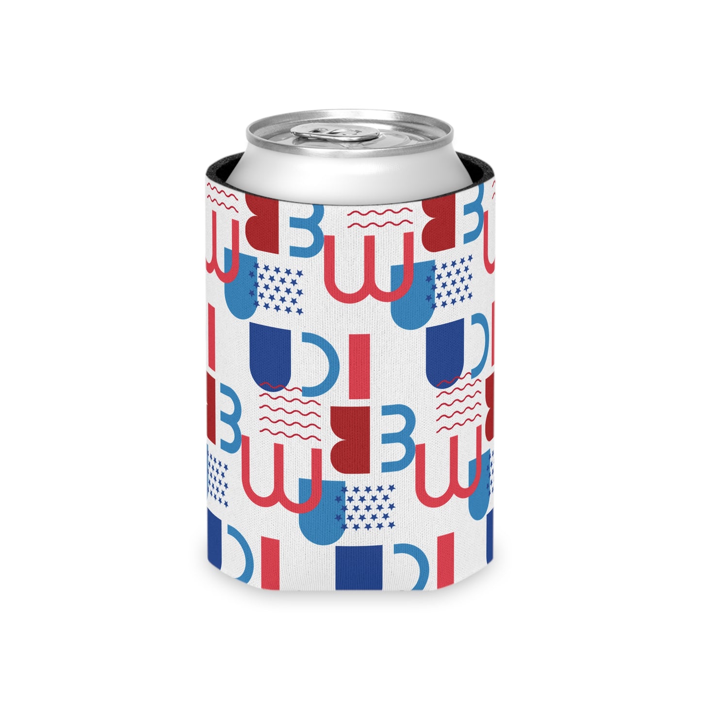 Red Blue Geometric Pattern Can Cooler | Abstract Retro Shapes