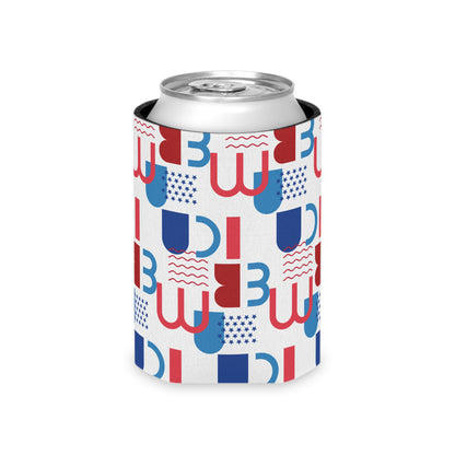 Red Blue Geometric Pattern Can Cooler | Abstract Retro Shapes