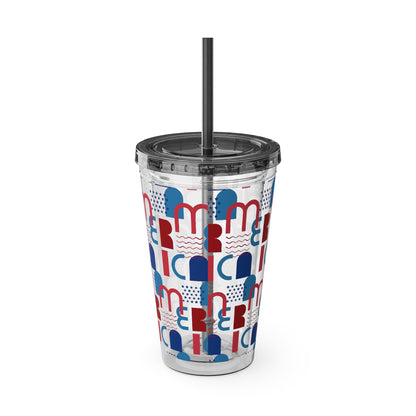 Red Blue Abstract Beach Pattern Tumbler | 16oz Straw Cup
