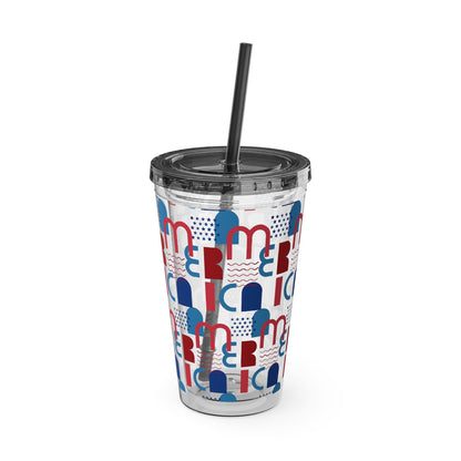 Red Blue Abstract Beach Pattern Tumbler | 16oz Straw Cup