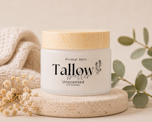 Unscented tallow balm jar with white label and wooden lid
