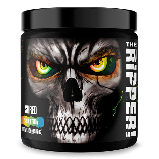 Supplement tub with skull face graphic and Shred Sour Candy flavor label