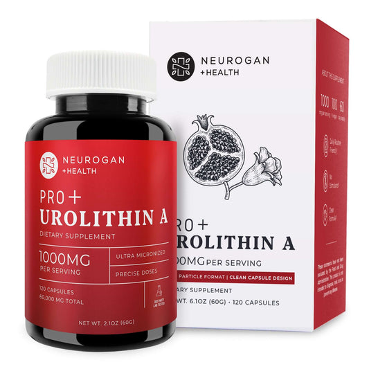 Urolithin A supplement bottle and box with red label, 120 capsules