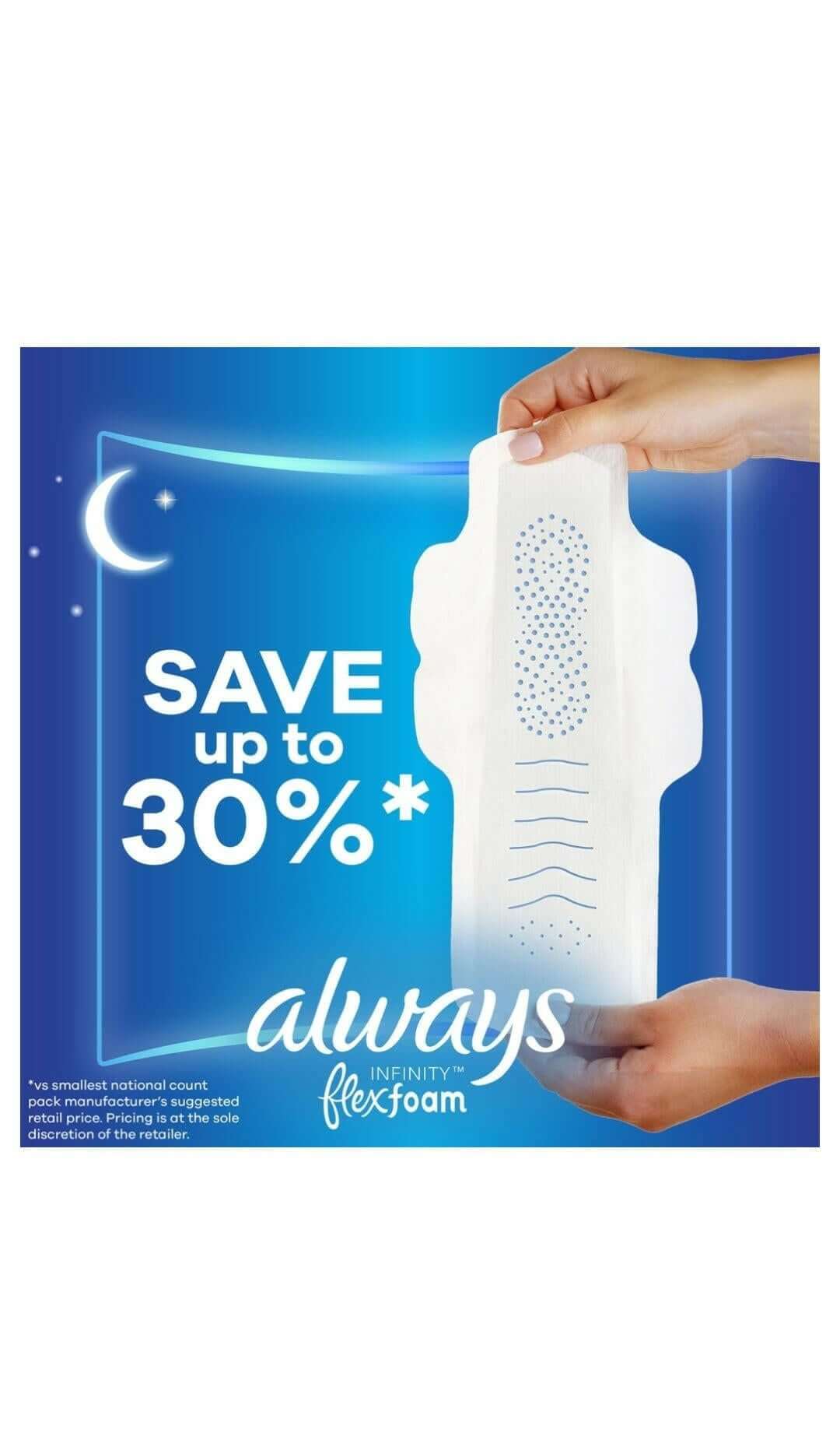 Always Infinity FlexFoam Overnight Pads with Wings, Unscented, Size 4, 64 ct.