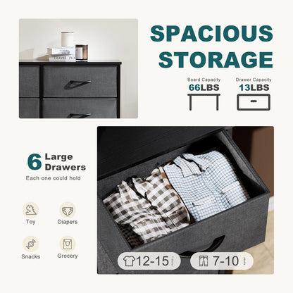 Dresser for Bedroom 6 Drawers Wide Fabric Storage Units Chest of Drawers for Bedroom with Metal Frame and Wooden Top for TV