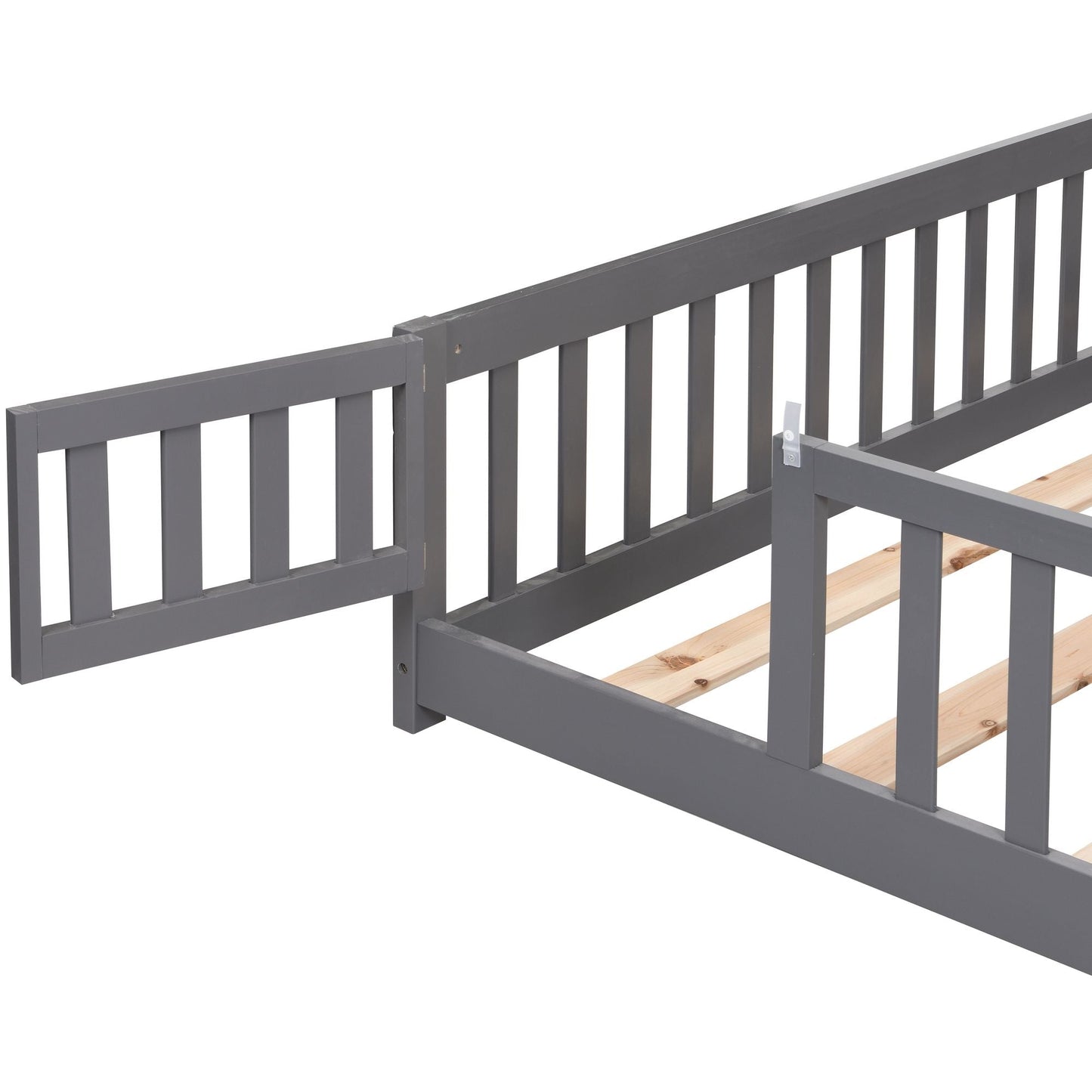 Full Size Floor Bed with Door, Solid Wood Platform Bed Frame with Fence, Suitable for children, Pine Wood