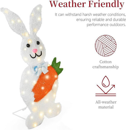 Outdoor Easter Bunny Yard Decorations, Lighted Metal Bunny Decor Set of 2, 30 Inch, Plug-in Pre-Lit LEDs for Lawn Garden Front Porch