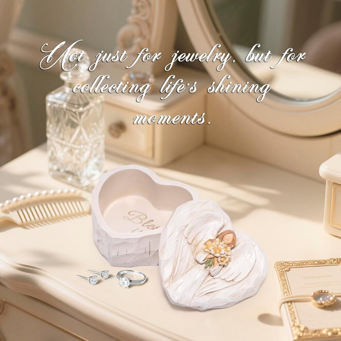 Angel Heart Jewelry Box, Bless You Resin Trinket Box for Women, Mother's Day Birthday Gift, March Birthday Gifts for Women, Valentine's Day Keepsake Decor
