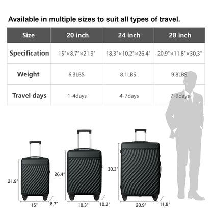 Luggage Sets ABS Hardshell 3pcs Luggage, Lightweight Durable Suitcase sets Spinner Wheels Suitcase with TSA Lock 20''24''28'' Available(Dark Green)