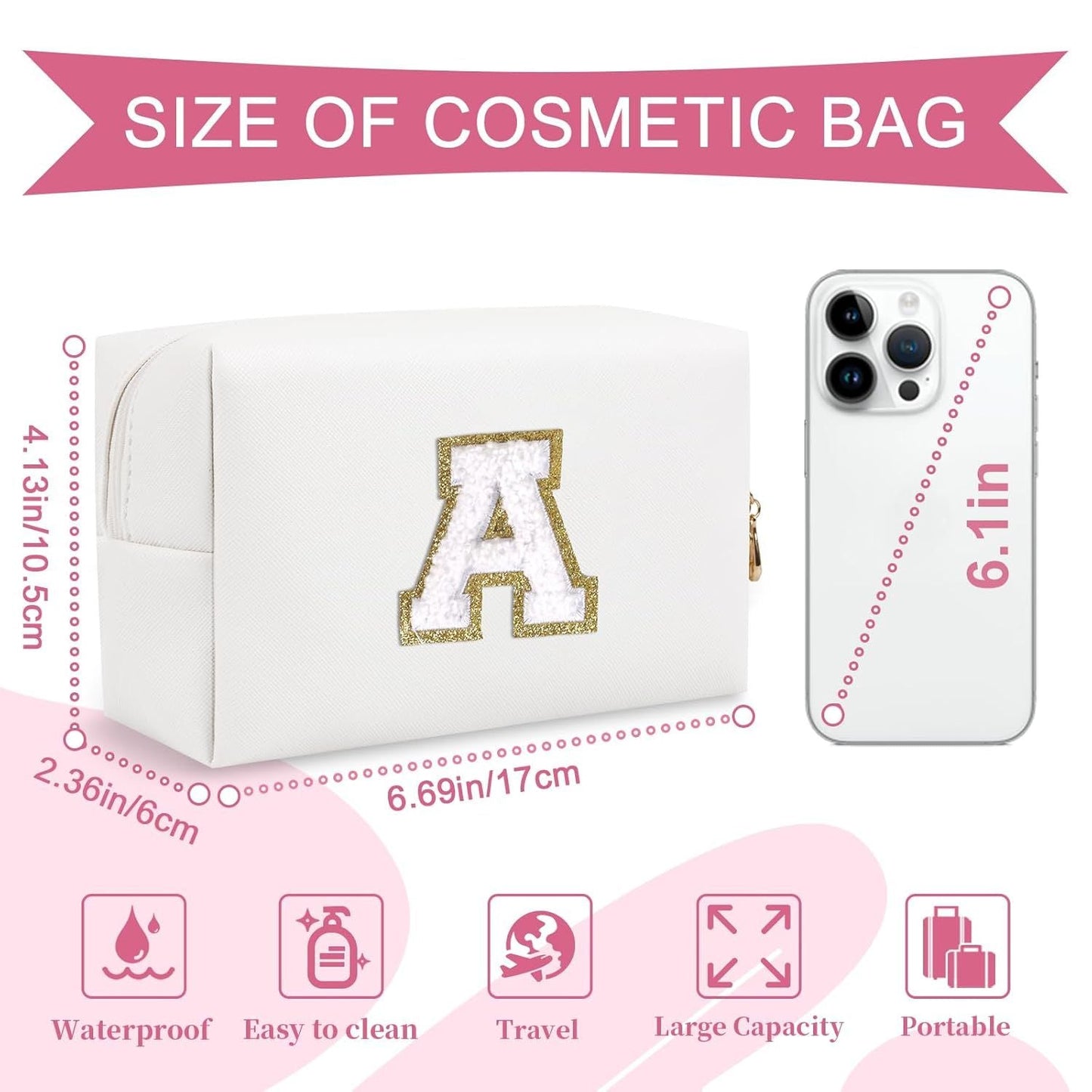 Small Personalized Initial A-Z Preppy Patch Makeup Bag,White PU Chenille Letter Travel Cosmetic Pouch with Zipper,Cute Toiletry Bag,Gift Ideal for Teen Girls Women Teacher Bridesmaid,Letter A