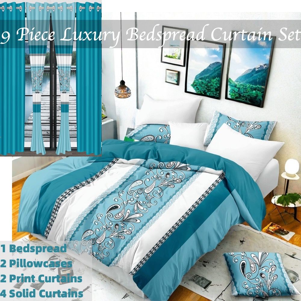 9 Piece in a Bag Thick Touch Bed Cover Curtain Set, Upgraded Luxury Bedspread Set, Bamboo microfiber All Season Bedding-Set For Home, RV Beding, Boys And Girls Gifts With Gift Bag