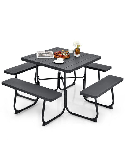 Outdoor Picnic Table with 4 Benches and Umbrella Hole