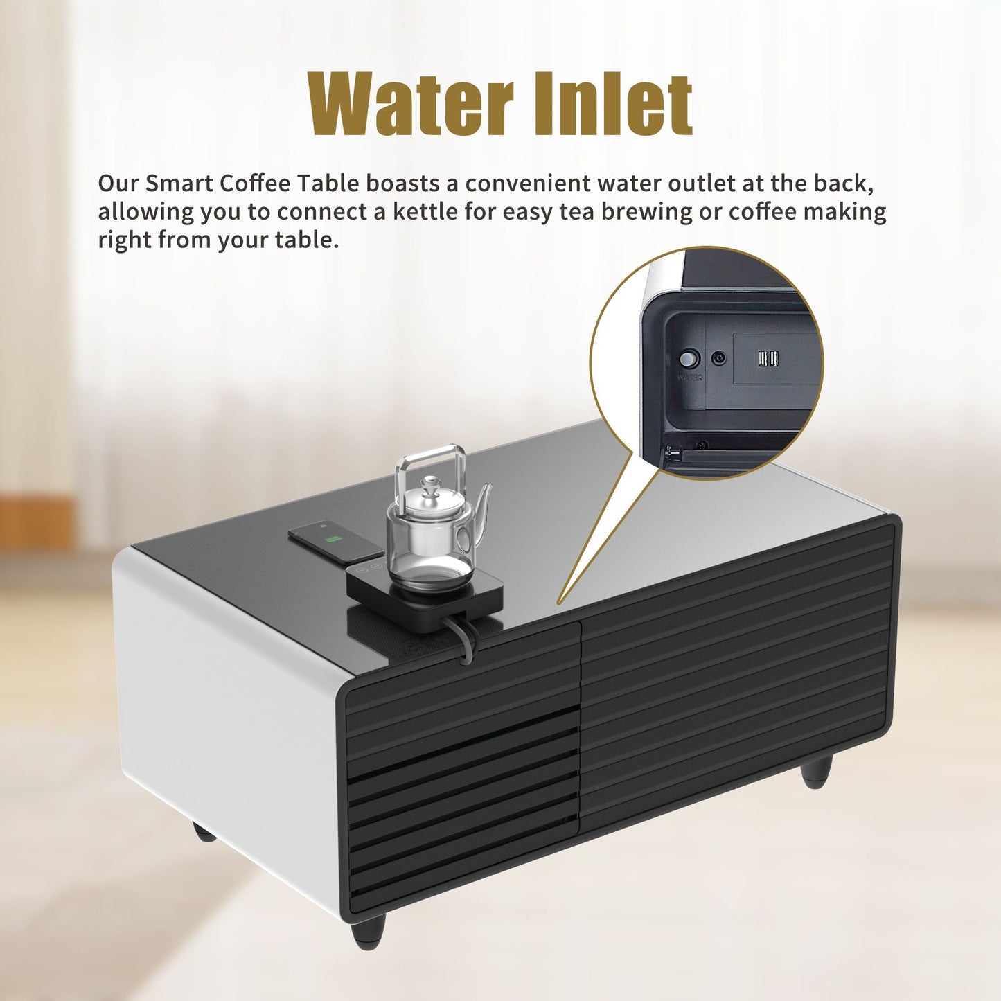Modern Smart mini Coffee Table with Built in Fridge;  Outlet protection; Wireless charging module; Mechanical temperature control; Power socket; USB interface And power interface.