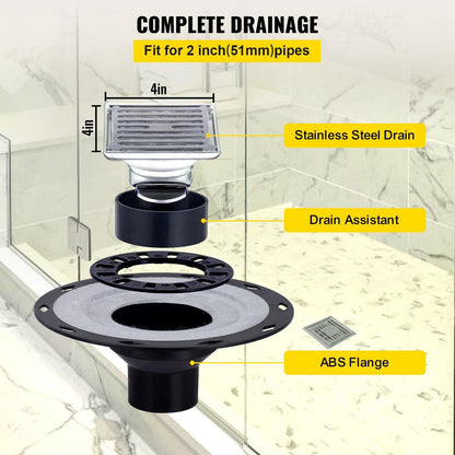 VEVOR Shower Curb Kit, 38"x60" Watertight Shower Curb Overlay with 4\" ABS Offset Bonding Flange, 4\" Stainless Steel Grate, 2 Cuttable Shower Curb and Trowel, Shower Pan Slope Sticks Fit for Bathro