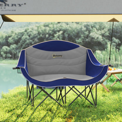 Padded Folding Camp Chair for Adults, Double Camping Chairwith Armrests, Cup Holders, Carry Bag for Outdoor, Blue