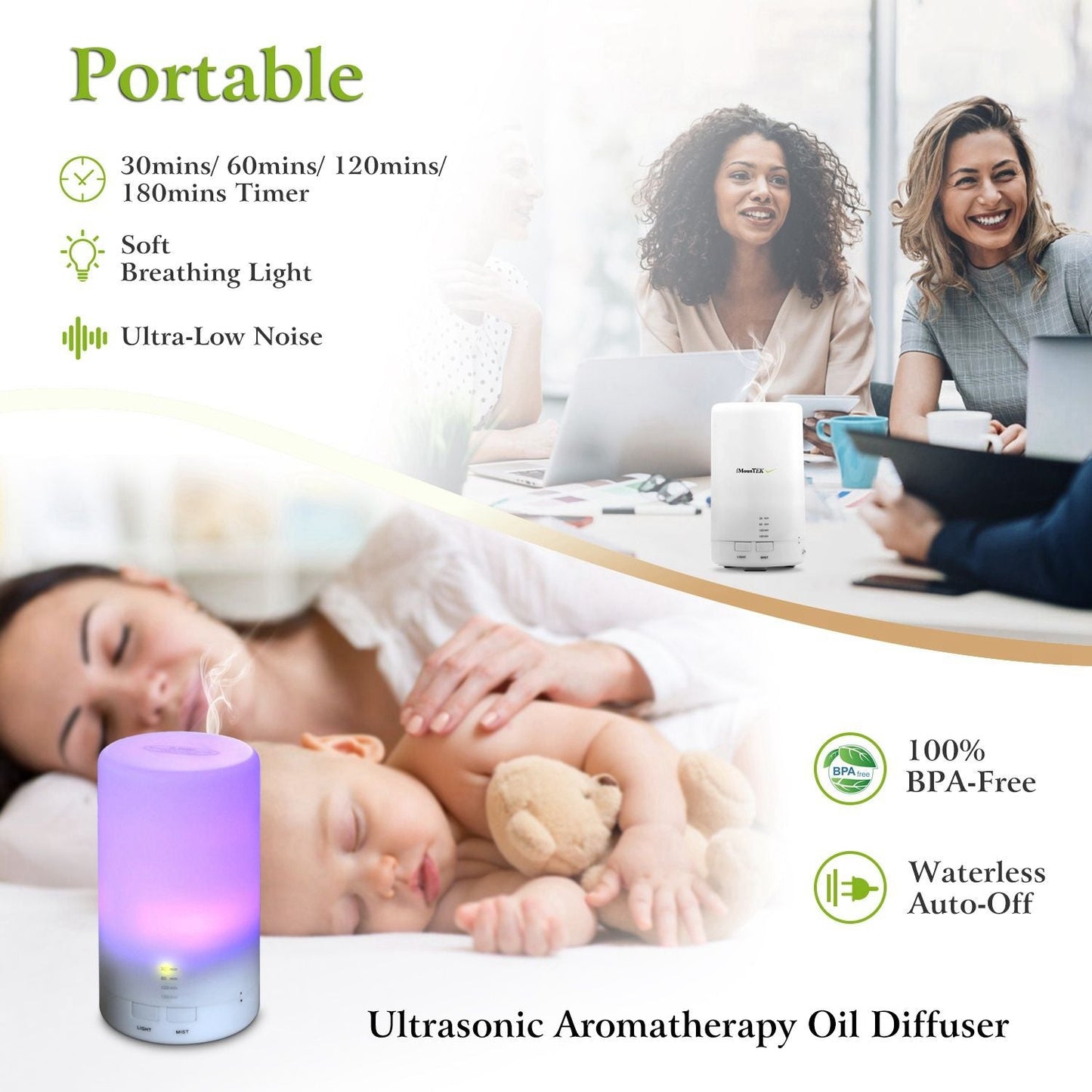 Ultrasonic Cool Mist Humidifier Mini Aroma Essential Oil Diffuser with Colorful Lights 4 Timer Settings
