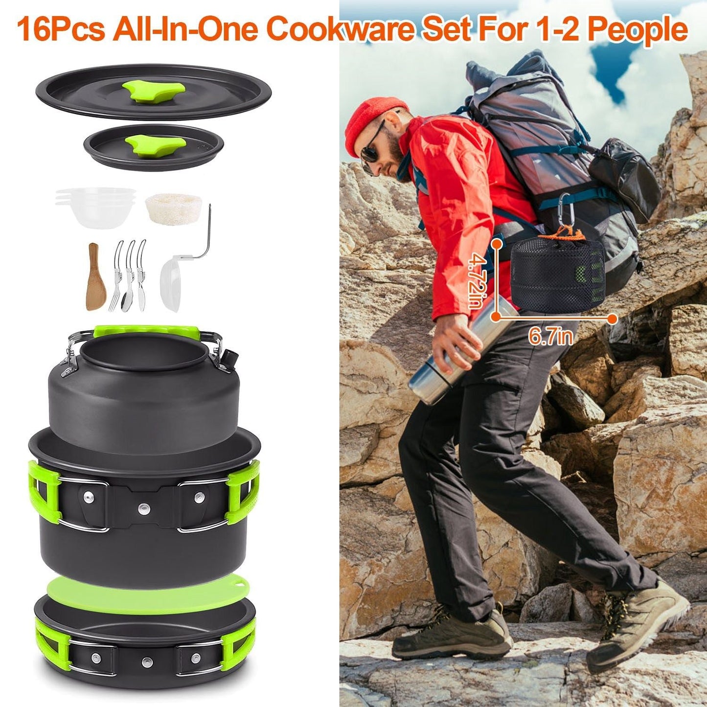 Camping Cooking Ware Set of 16Pcs Camping Stove Cookware Kit Aluminum Kettle with Bowls Knife Fork Spoon Carabiner Spatula Cutting Board for Hiking Picnic Outdoor