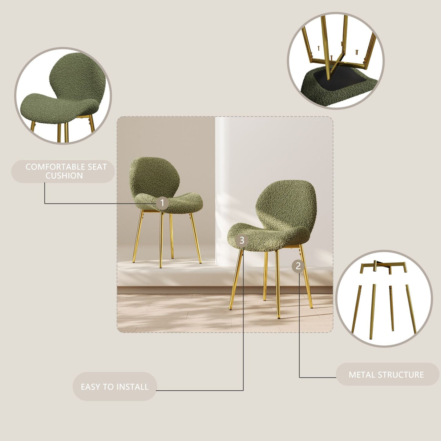 Modern minimalist white teddy velvet Dining Chairs Set of 2 with sturdy gold metal legs and comfortable backrest design, suitable for restaurants, kitchens, and offices.