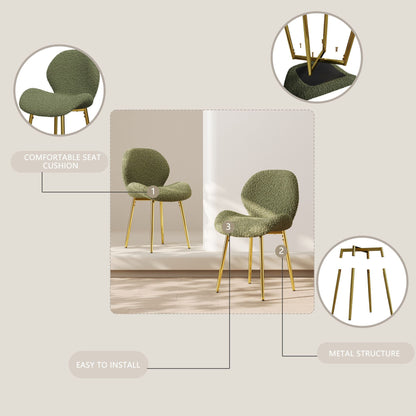 Modern minimalist white teddy velvet Dining Chairs Set of 2 with sturdy gold metal legs and comfortable backrest design, suitable for restaurants, kitchens, and offices.
