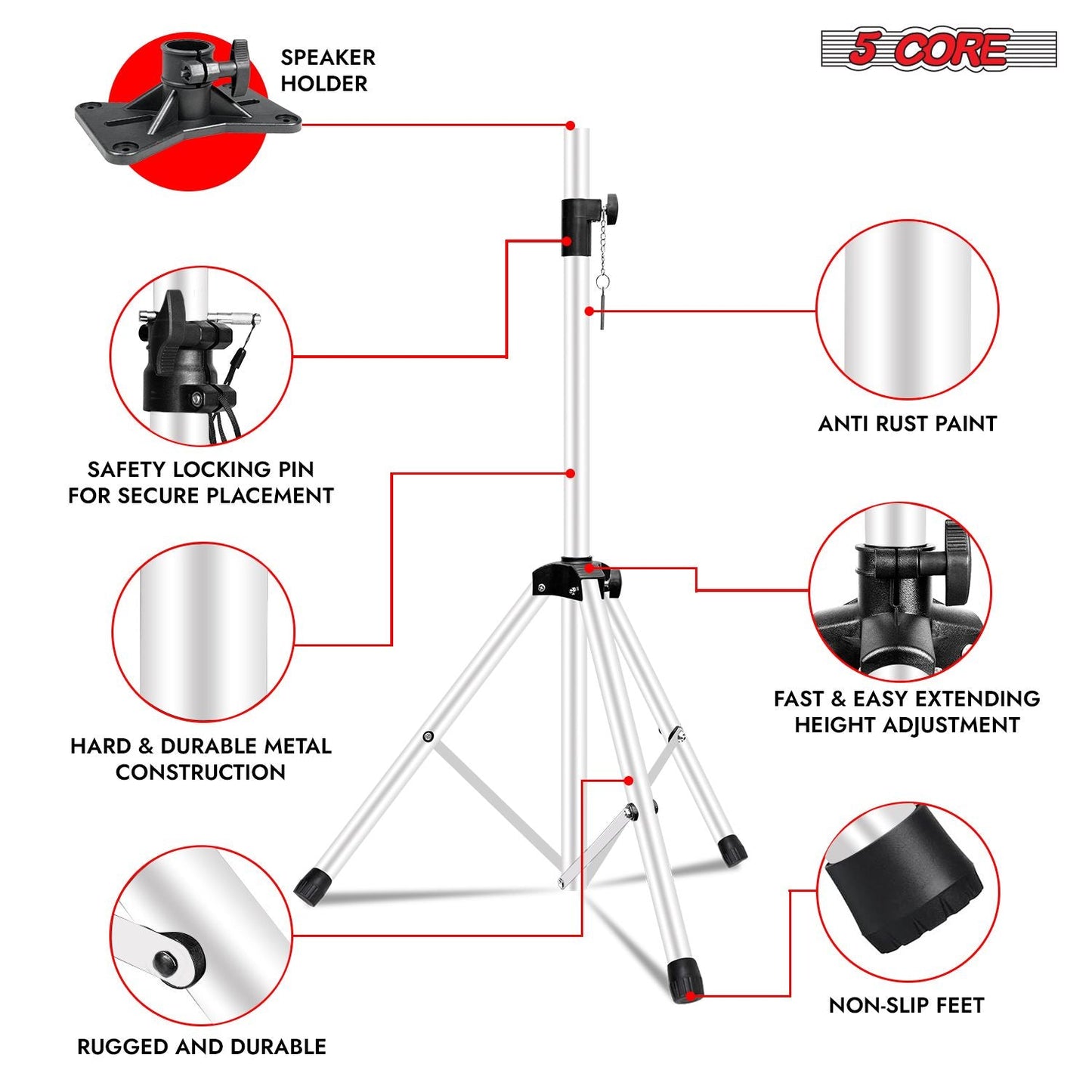 5 Core Speaker Stand Tripod Floor Tall Adjustable Up to 72 Inch DJ Studio Monitor Stands Pole Mount - SS ECO 1PK WOB