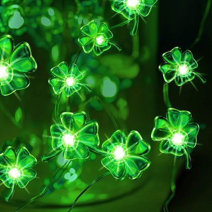 1 Set Of St Patrick's Day String Lights, Four-Leaf Clover Light String Shamrock Irish Fairy LED Light 10 Feet 40 Green Color LEDs Battery Operated With 8 Flashing