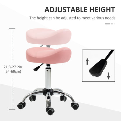 Saddle Stool Chic: Height Adjustable Rolling Salon Chair in Pink PU Leather for Massage, Spa, Clinic, Beauty, and Tattoo