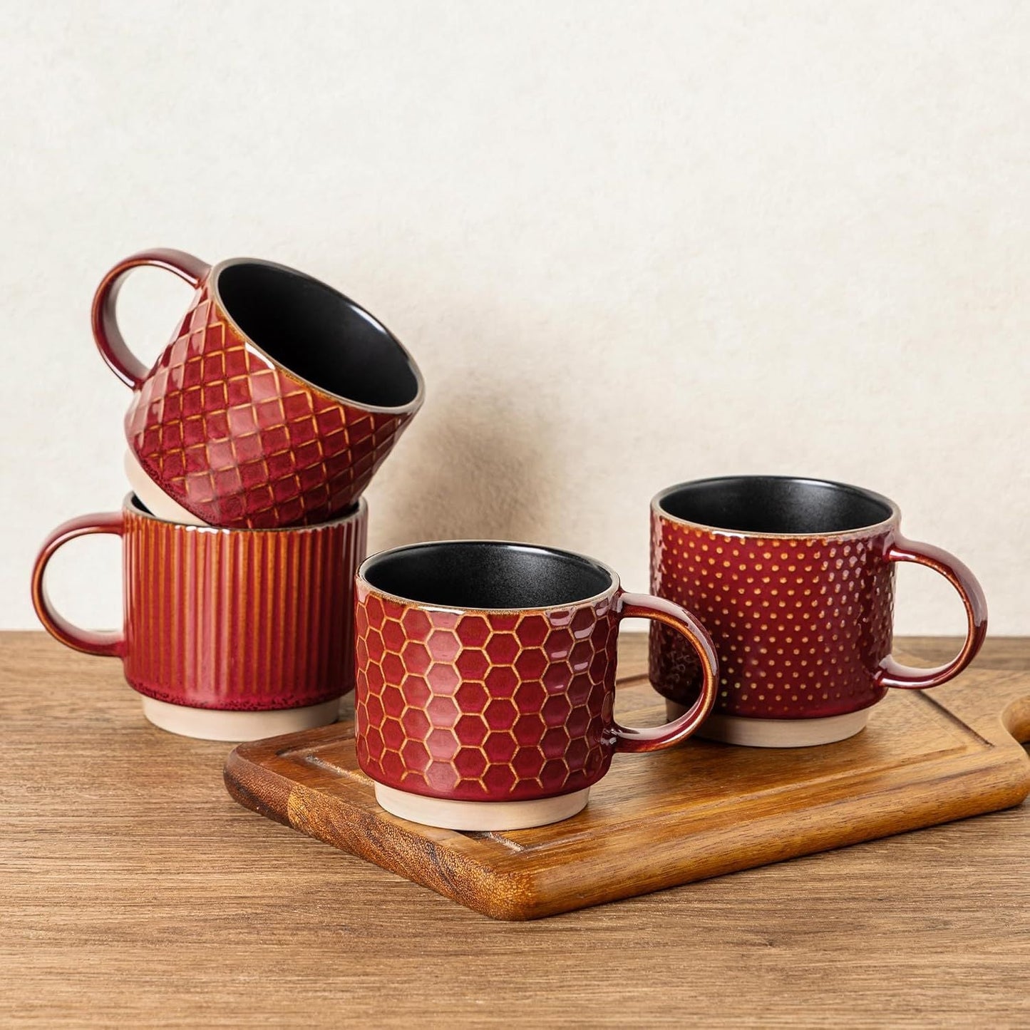 12 OZ Stackable Coffee Mugs Set of 4, Ceramic Coffee Cups with Texture Patterns for Man,Woman,Dad,Mom, Modern Mugs Set for Latte/Cappuccino/Cocoa. Dishwasher&Microwave Safe, Red
