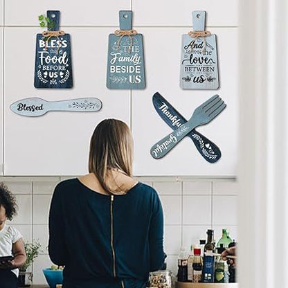 6pcs Kitchen Wall Decor Bless Food Sign Set Wall Table Accessories Wooden Pendant Decorations Mini Plaque Fork Spoon Shape Sign Rustic Style Home Dector Blue, 11x5.5 inch/11.8x2 inch