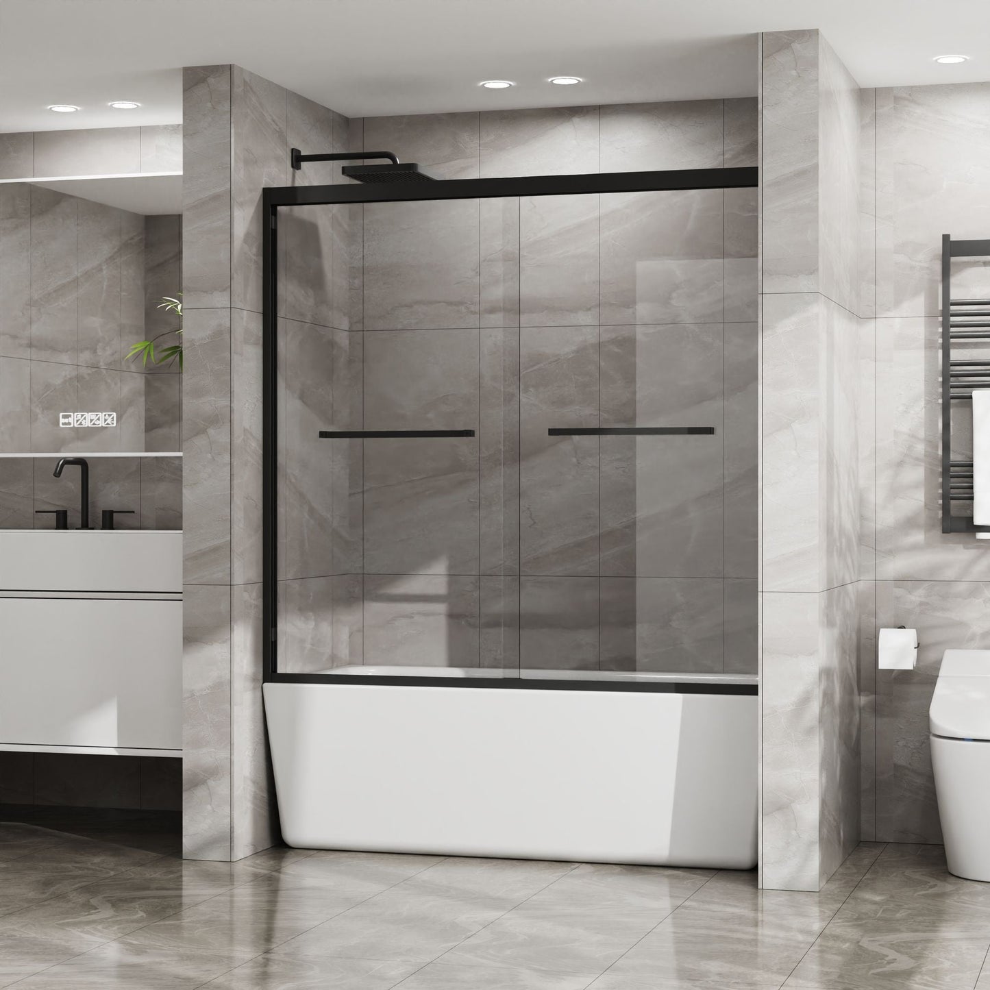 Double Sliding Bathtub Shower Door 60 in. W x 58 in. H Aluminum Framed Shower Enclosure for Tub with SGCC Clear Tempered Glass, Stainless Steel Hardware, Matte Black