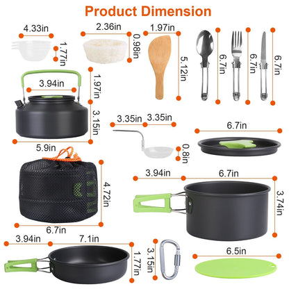 Camping Cooking Ware Set of 16Pcs Camping Stove Cookware Kit Aluminum Kettle with Bowls Knife Fork Spoon Carabiner Spatula Cutting Board for Hiking Picnic Outdoor