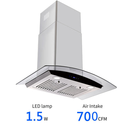30 inch Wall Mounted Range Hood 700CFM Tempered Glass Touch Panel Control Vented LEDs