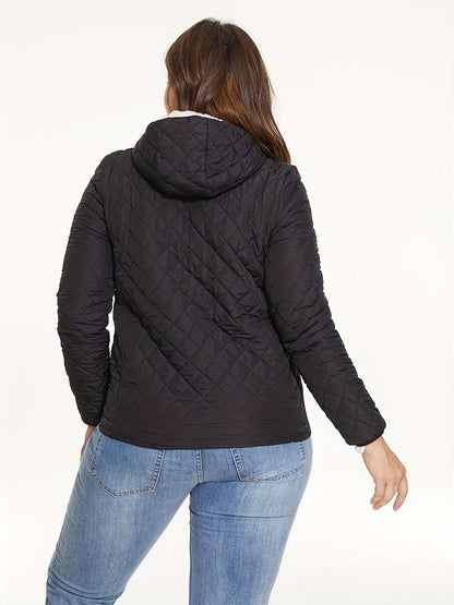 Slant Pockets Thermal Hooded Jacket, Casual Solid Long Sleeve Jacket For Fall & Winter, Women's Clothing