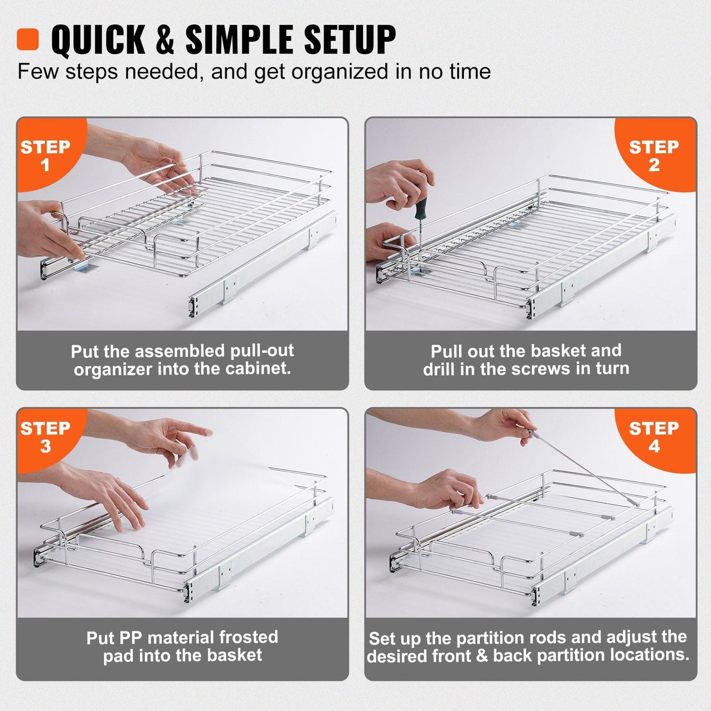 VEVOR 12.5"Wx16.5"Dx3.5"H Pull Out Cabinet Organizer, Heavy Duty Slide Out Pantry Shelves, Steel Roll Out Drawers, Sliding Drawer Storage for Home Under Sink, 14"Wx17.5"Dx7"H Install Size for Cabinet