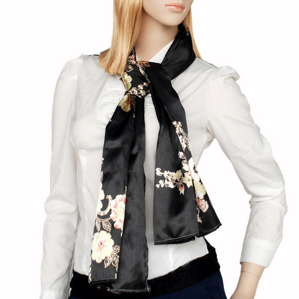 Blando Black Flowers Floral Patterns Exquisitely Elegant comfy Silk Scarf/Wrap/Shawl(Large)