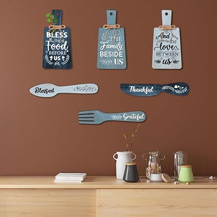6pcs Kitchen Wall Decor Bless Food Sign Set Wall Table Accessories Wooden Pendant Decorations Mini Plaque Fork Spoon Shape Sign Rustic Style Home Dector Blue, 11x5.5 inch/11.8x2 inch