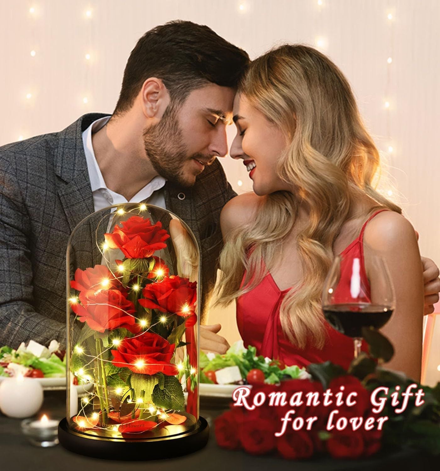 Valentines Day Gifts for Her,Valentines Decor Beauty and The Beast Rose Flowers with 40 LED Lights Rose in Glass Dome,Enchanted Rose Valentines Flowers Birthday Gifts for Women Girlfriend Mom Wife