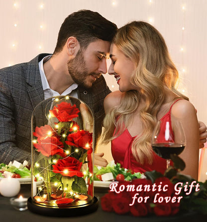 Valentines Day Gifts for Her,Valentines Decor Beauty and The Beast Rose Flowers with 40 LED Lights Rose in Glass Dome,Enchanted Rose Valentines Flowers Birthday Gifts for Women Girlfriend Mom Wife