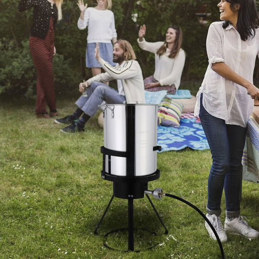 30QT Propane Turkey Fryer Set Silver Aluminum Pot with Black Round Iron Stand Outdoor Gas Deep Fryer Kit for Frying Turkey Seafood and Boiling Crawfish Backyard Cooking Equipment