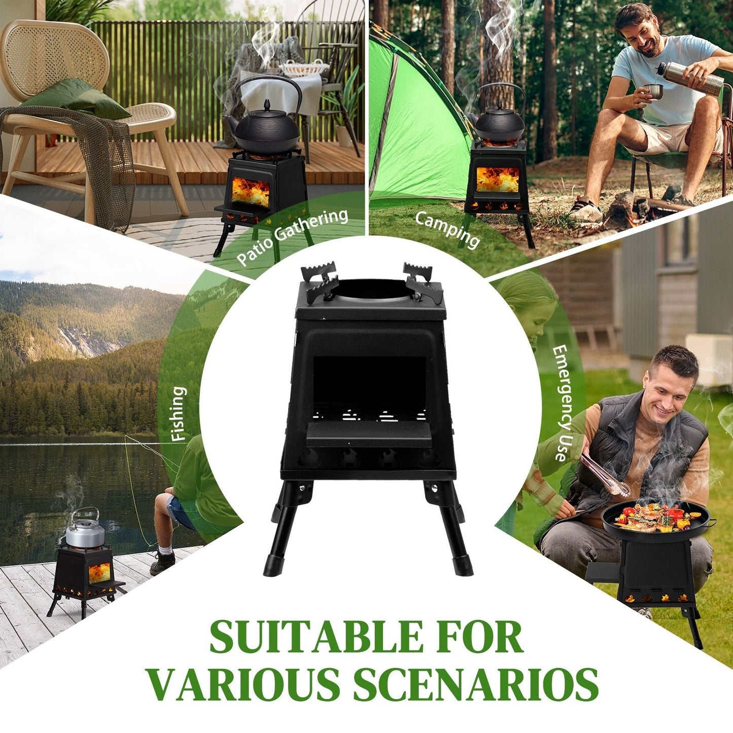 Portable Camping Stove with Detachable Iron Panels Black 27x27x34cm Lightweight Foldable Outdoor Wood Burning Fire Pit for Picnic BBQ Hiking Backpacking Compact Campfire Cooking Heater