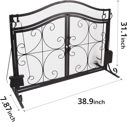 Fireplace Screen,  Metal Fire Place Cover Two-Doors Large Flat Guard Screens, Baby Safe Spark Guard Protector Wood Burning Stove Decorative Accessories