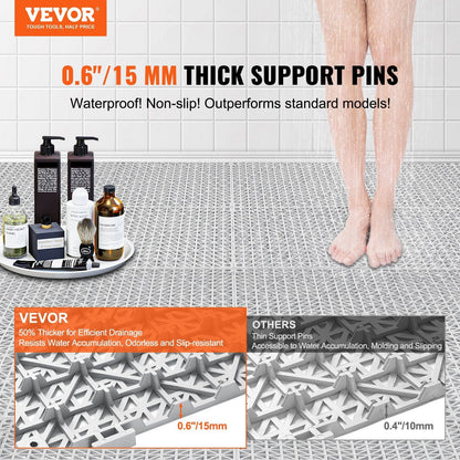 VEVOR Interlocking Tile 50PCS Gray, Drainage Tiles 12" x 12" Splicing, PVC Interlocking Drainage Floor Tiles, Non-Slip Drainage Holes for Restroom, Bathroom, Kitchen, Pool, Wet Areas