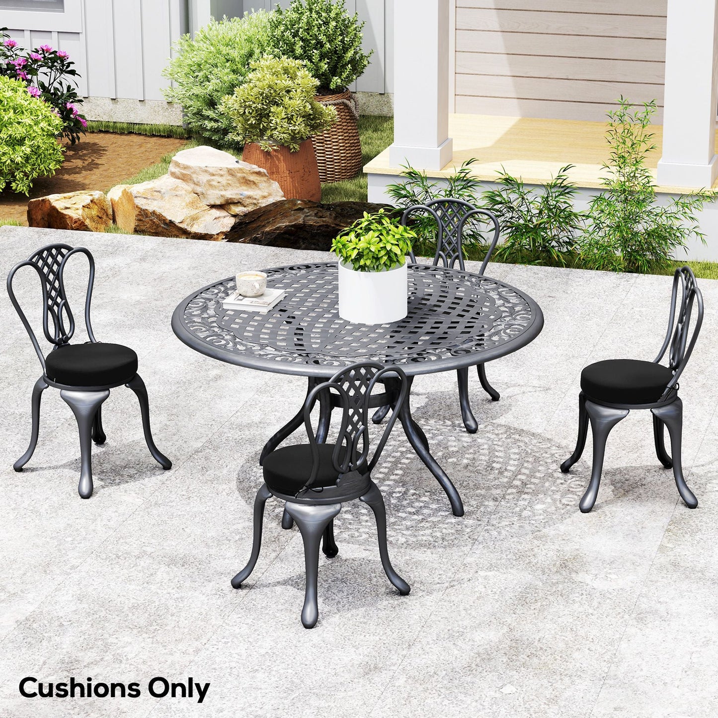 Patio Chair Cushions Set of 4 Round Seat Cushions for Dining Bistro Chairs Machine Washable, 15" x 15" x 3", Black