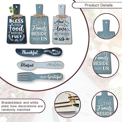 6pcs Kitchen Wall Decor Bless Food Sign Set Wall Table Accessories Wooden Pendant Decorations Mini Plaque Fork Spoon Shape Sign Rustic Style Home Dector Blue, 11x5.5 inch/11.8x2 inch