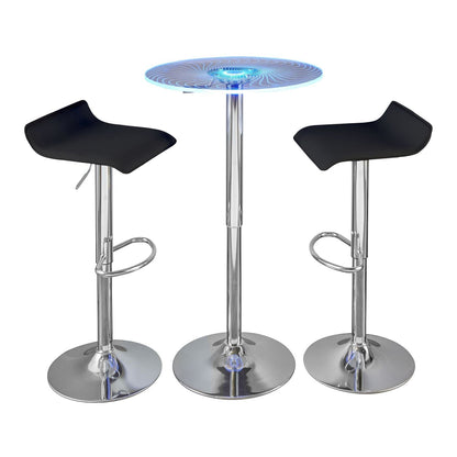 Spyra-Ale Contemporary Adjustable Bar Set in Chrome Metal, Clear Acrylic with Light Up Tabletop, and Black PVC by - 3 Piece