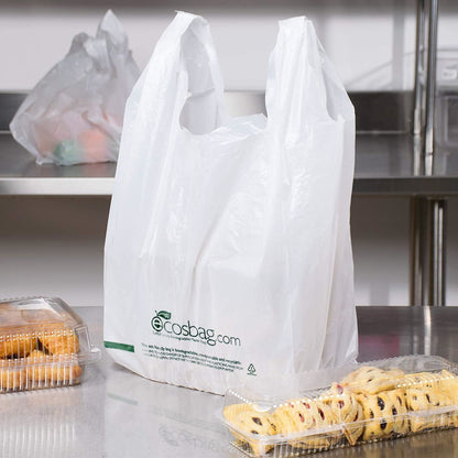 Pack of 1000 Earth Friendly Grocery Bags; White 11.5 x 6.5 x 21. Carry-Out T-Shirt Bags 11 1/2 x 6 1/2 x 21. Preprinted Shopping Poly Bags; 0.65 mil. Handle Plastic Bags for Store or Restaurant.