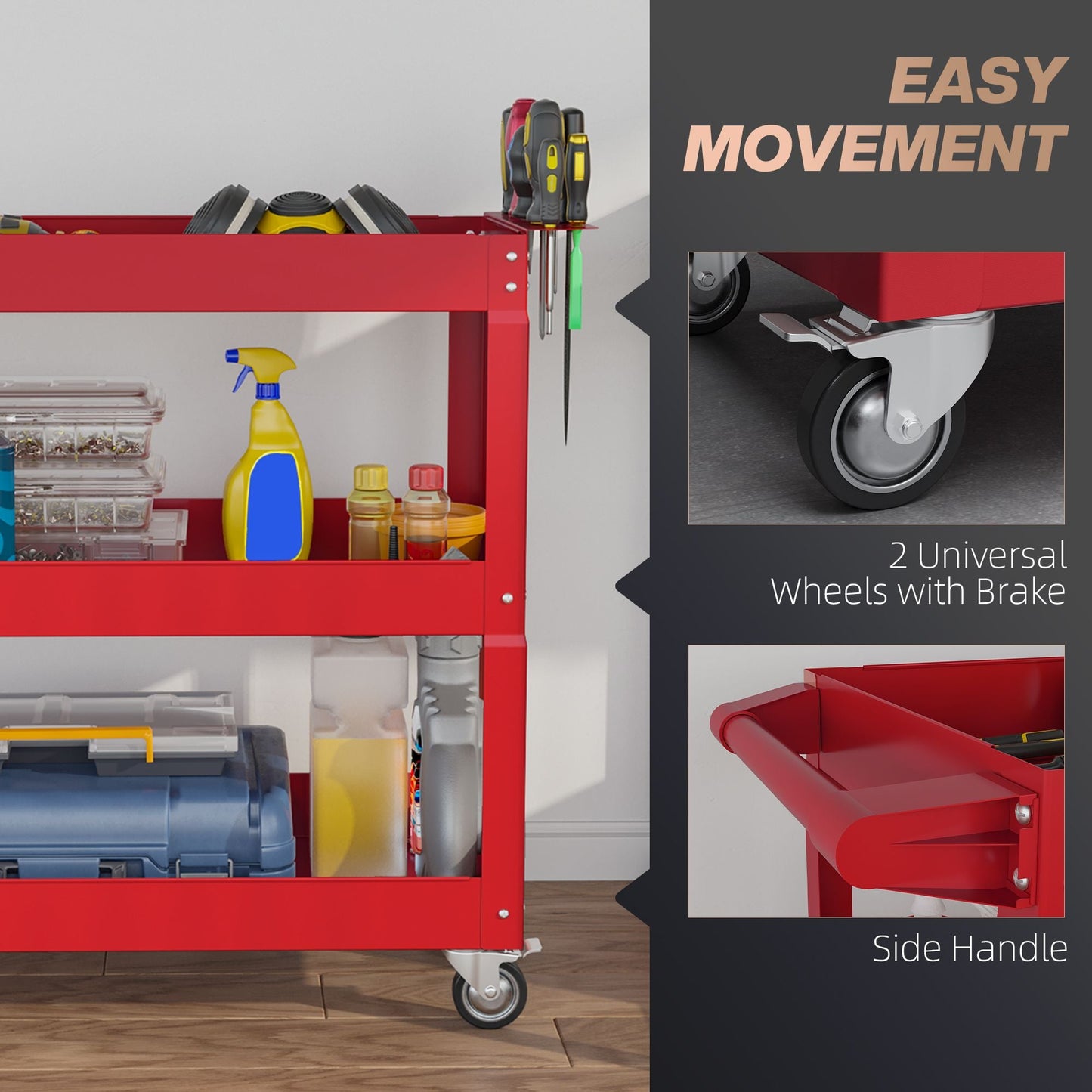 3 Tier Rolling Tool Cart with Wheels, 330 LBS Capacity Heavy Duty Utility Cart, Mobile Service Cart for Garage, Red