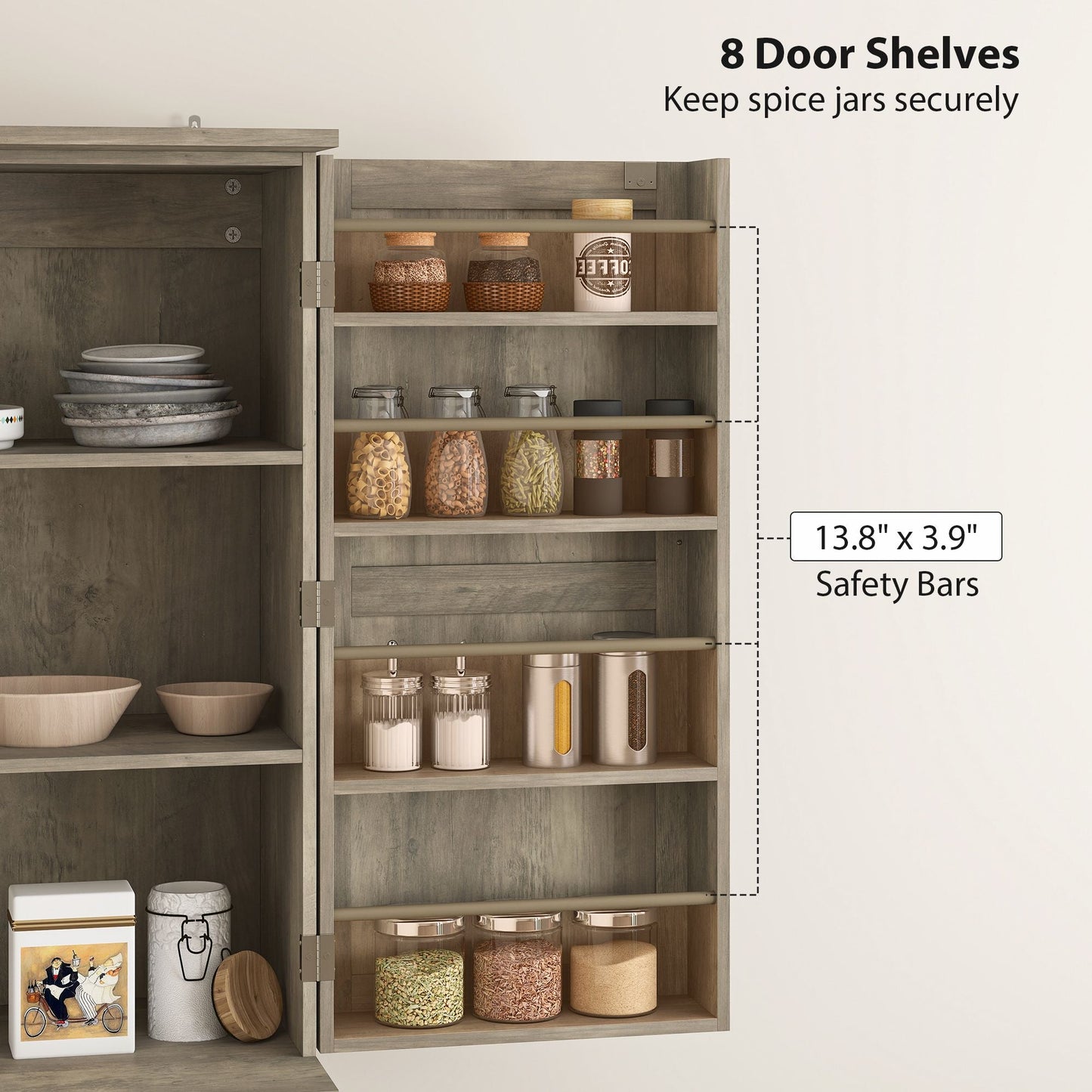 HOMCOM Farmhouse Kitchen Pantry, 72" Tall Pantry Cabinet with 4 Barn Doors, 4 Adjustable Shelves and 8 Door Shelves, Gray Wash