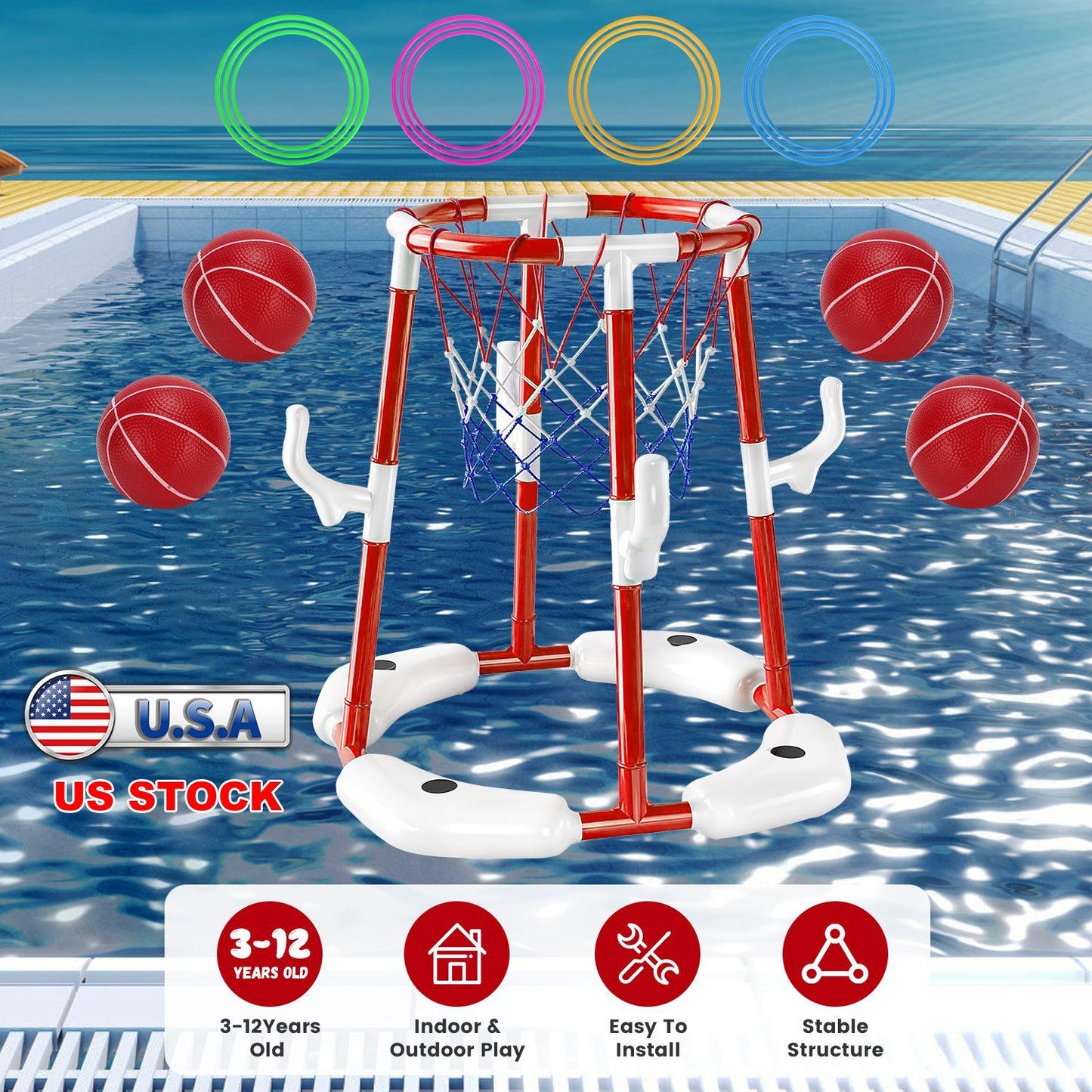 Summer Pool Basketball Hoop Toy Set With 4 Basketballs 4 Circles Pump Floating Swimming Pool Basketball Games Poolside Water Play Toy For 3-12Years Old Kids Adults