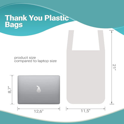 Pack of 1000 Earth Friendly Grocery Bags; White 11.5 x 6.5 x 21. Carry-Out T-Shirt Bags 11 1/2 x 6 1/2 x 21. Preprinted Shopping Poly Bags; 0.65 mil. Handle Plastic Bags for Store or Restaurant.